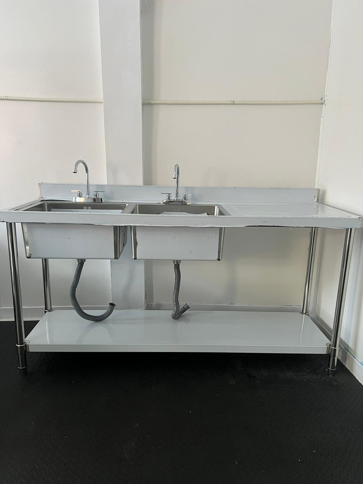 Commercial kitchen double bowl sink right hand drainer 1.5m