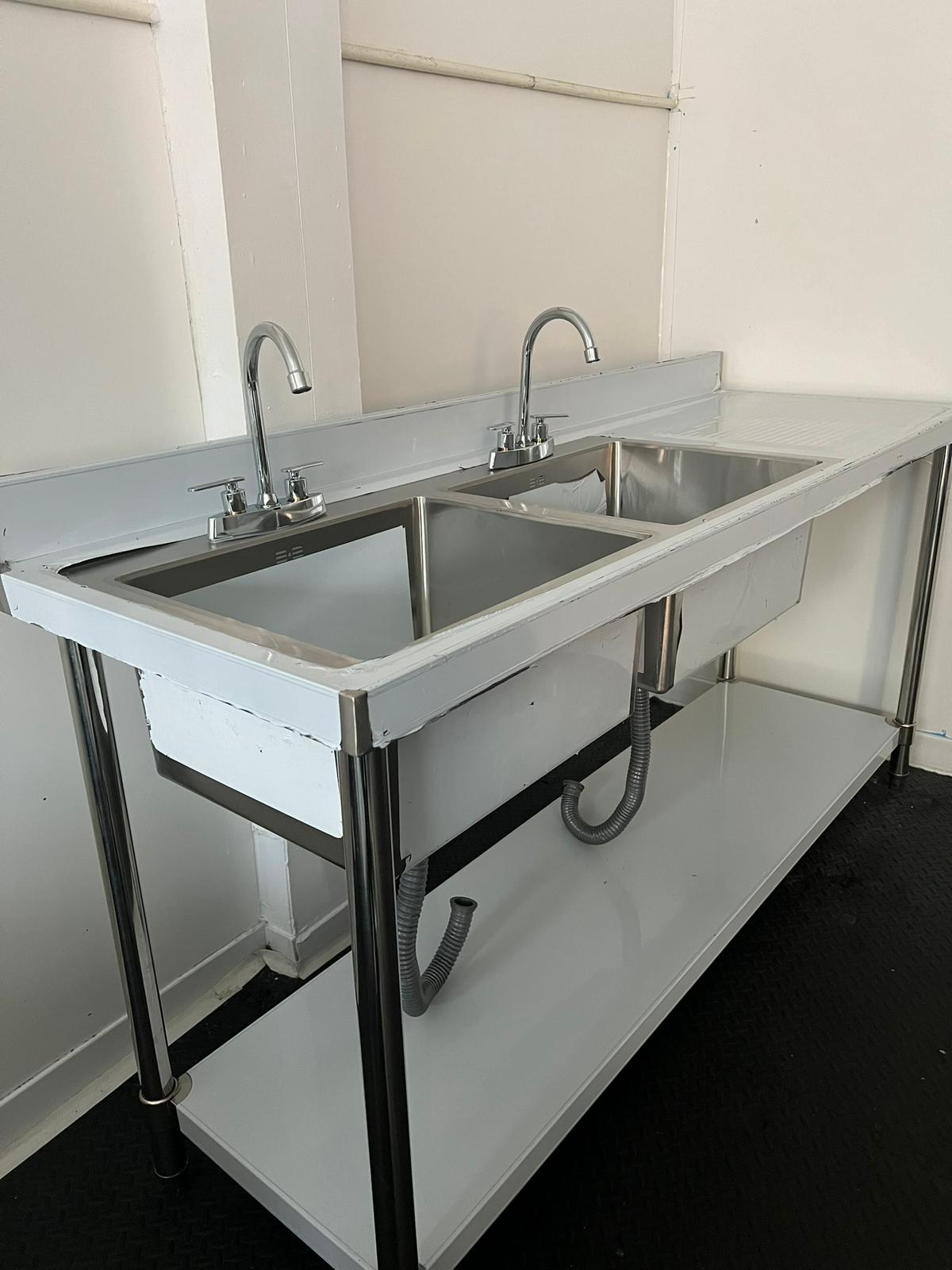 Commercial kitchen double bowl sink right hand drainer 1.5m